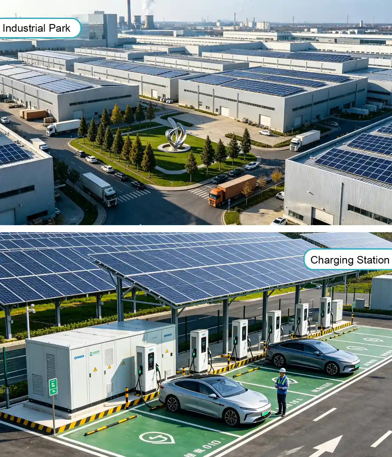 Parque industrial e estação de carregamento